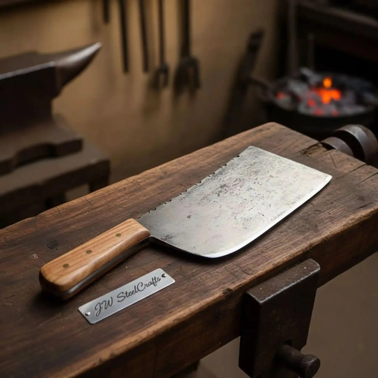 14-Inch Forged High Carbon Steel Butcher Cleaver — Filework Spine &amp; Natural Hardwood Handle