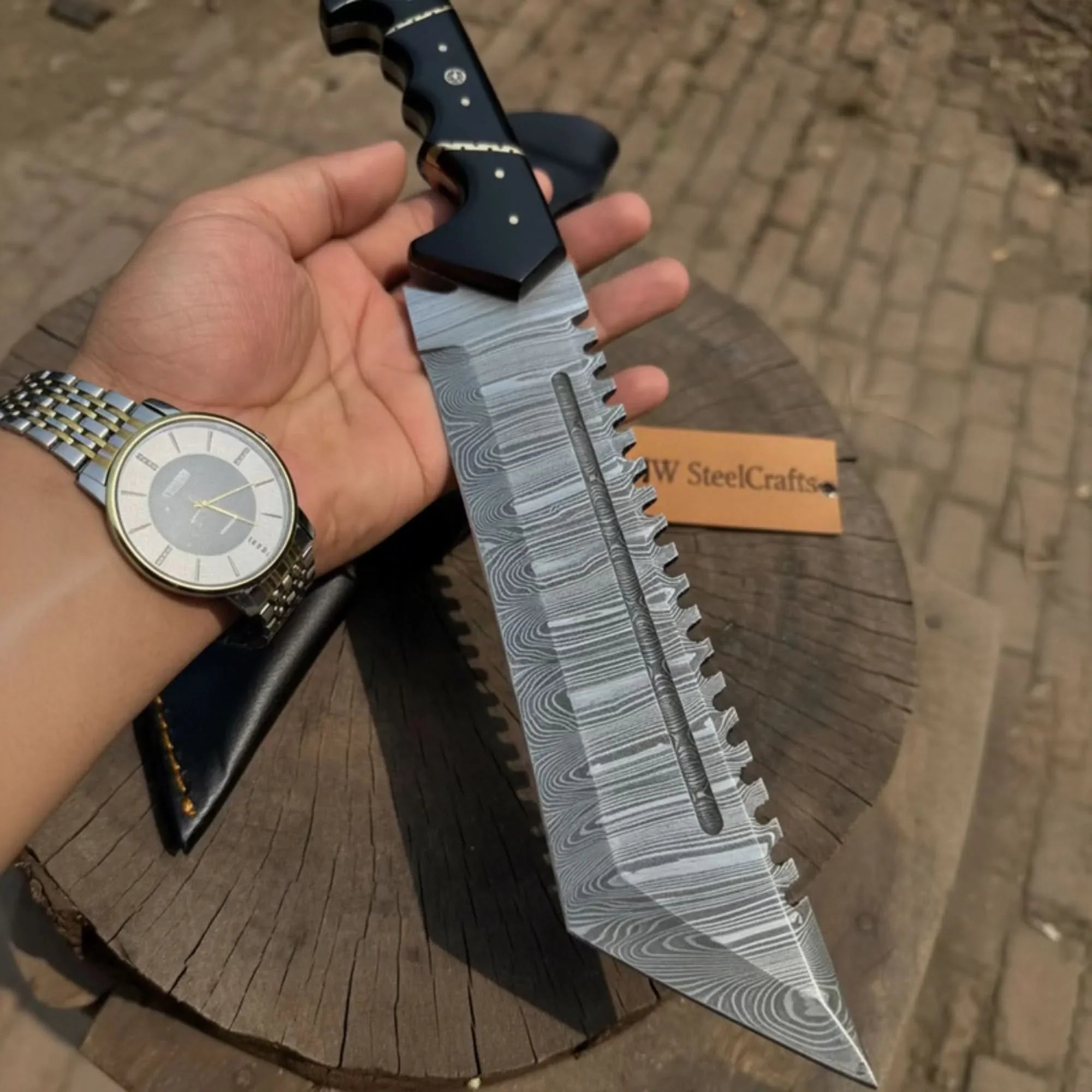 Handmade Damascus Tracker Knife 12” Sawback Blade Survival Knife Black resin Handle &amp; Sheath