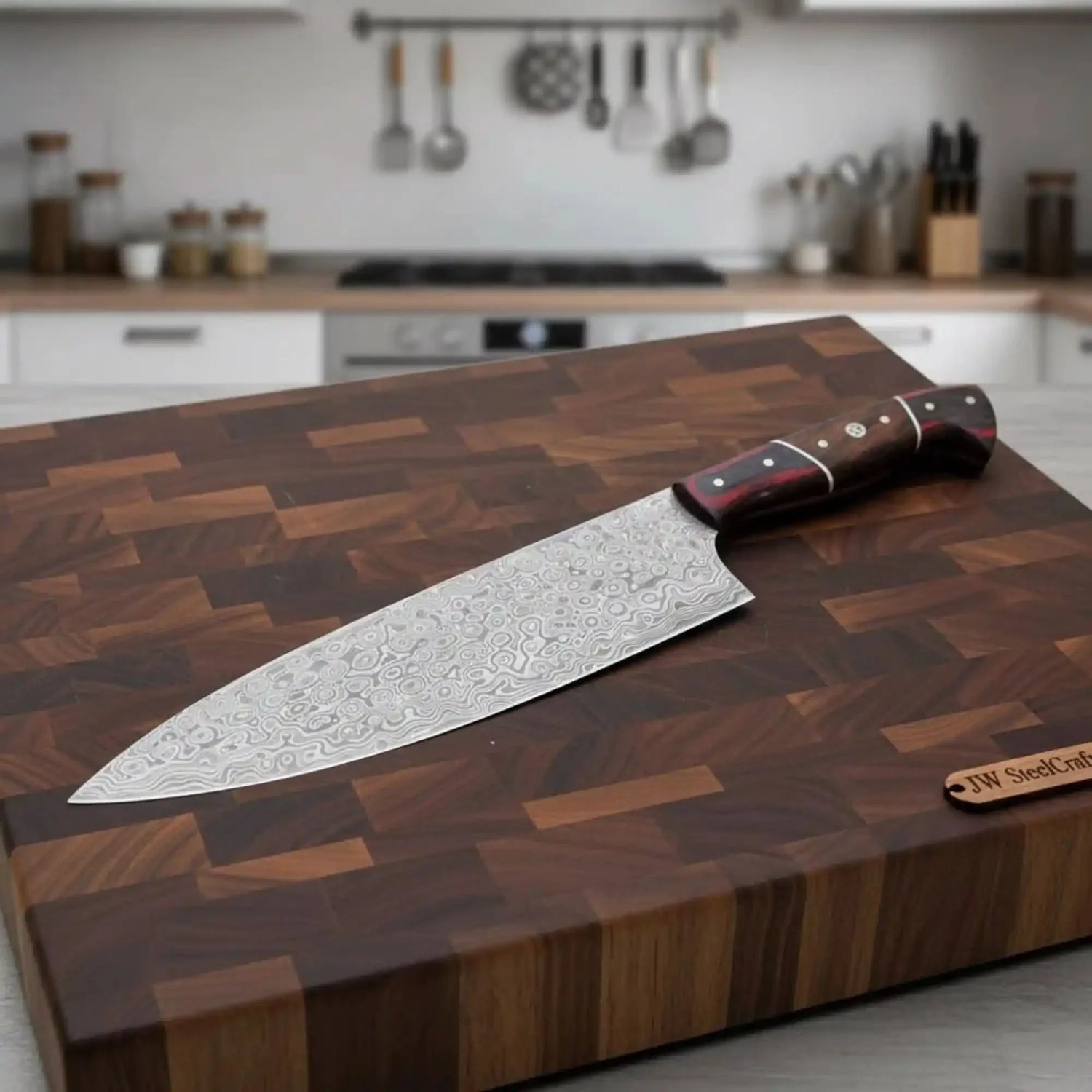 Handcrafted Damascus Kiritsuke Chef Knife – Raindrop Pattern Blade, Red Pakka Wood &amp; Rosewood Handle, Mosaic Pins