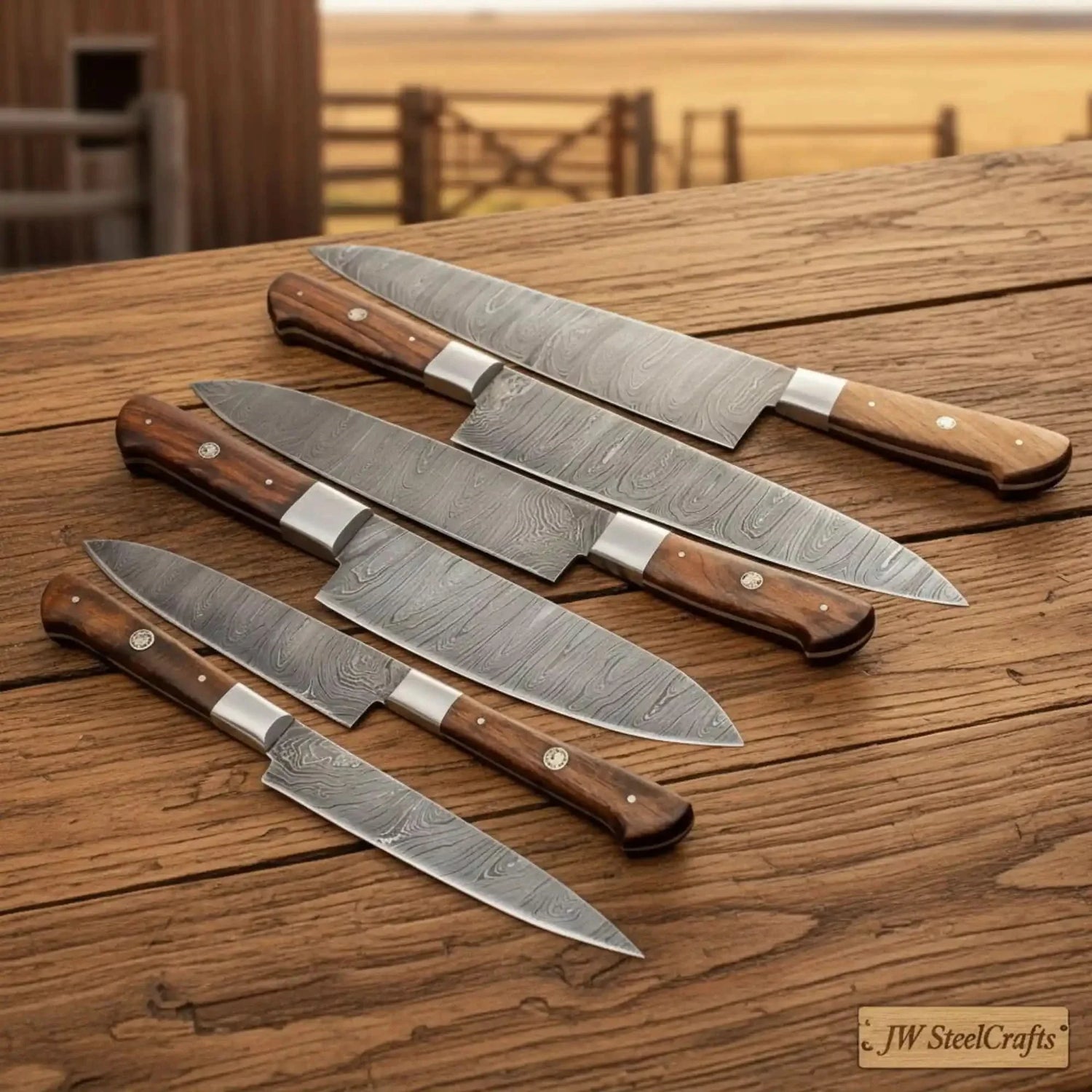 6-Piece Damascus Kitchen Knife Set — Gyuto, Slicer, Santoku &amp; Rosewood Handles | JW SteelCrafts