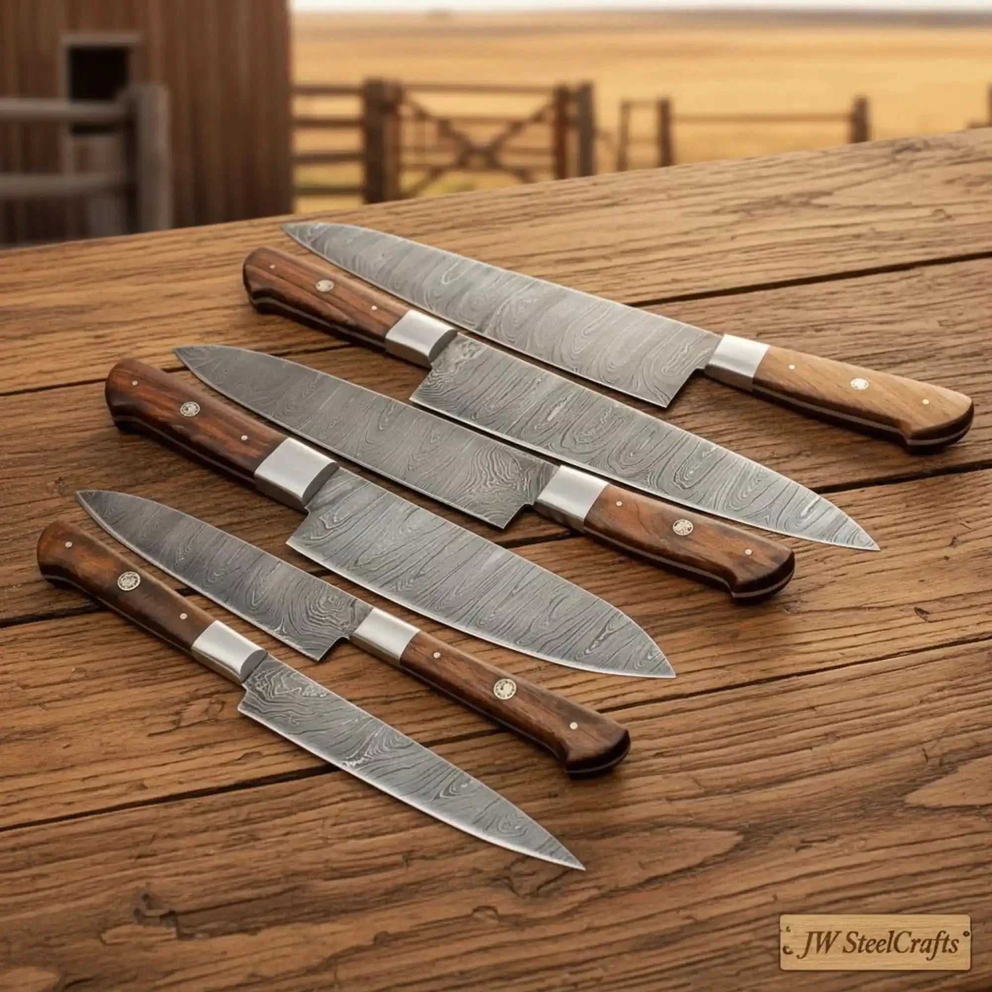 6-Piece Damascus Kitchen Knife Set — Gyuto, Slicer, Santoku &amp; Rosewood Handles | JW SteelCrafts