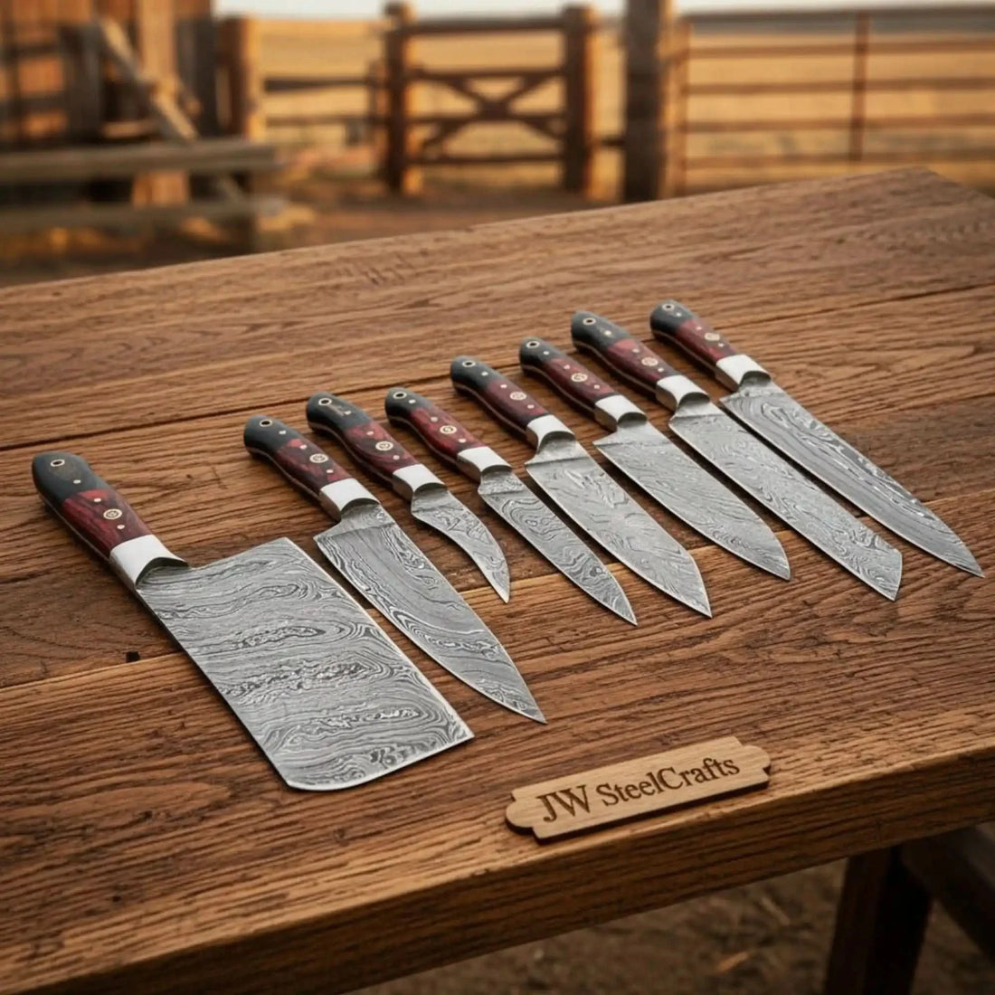 Handmade Damascus Western Chef Knife Set with Traditional Cleaver (8 pcs)