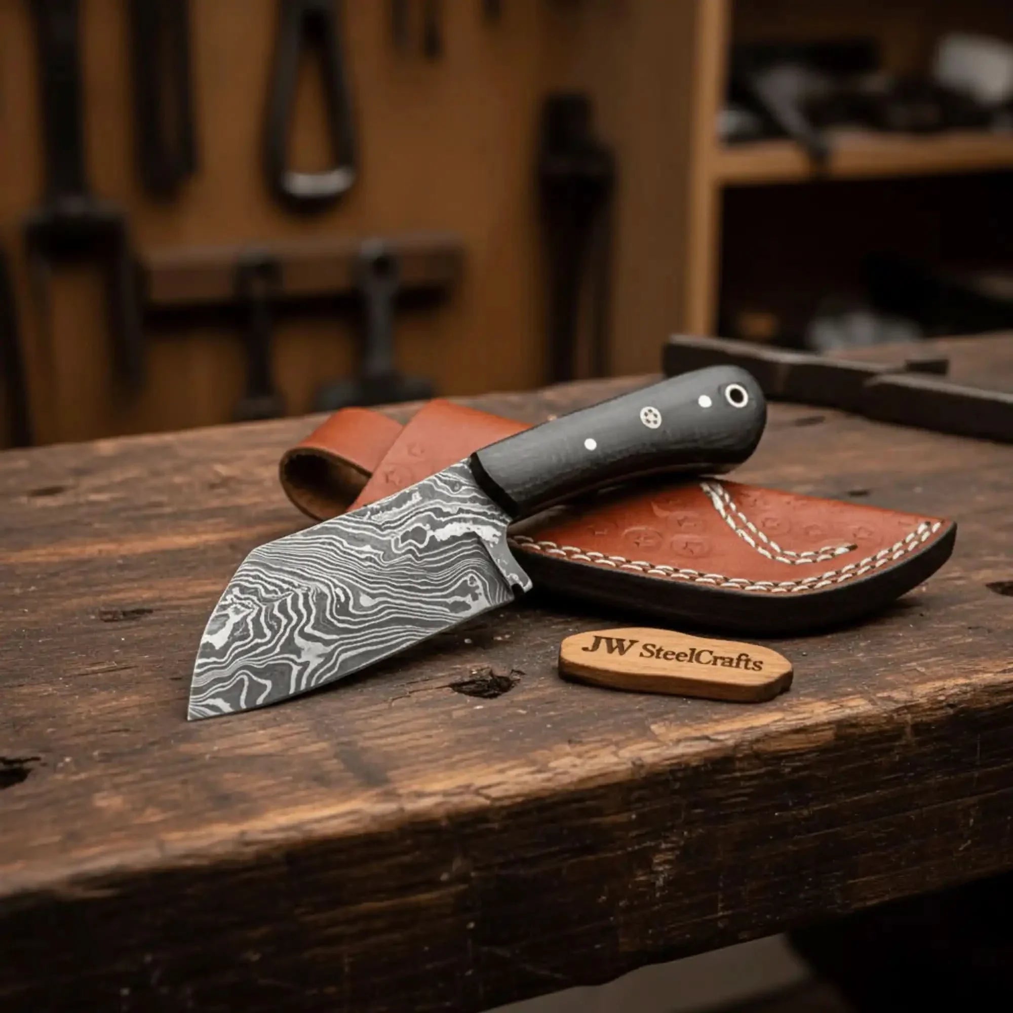 3" Blade Forged Damascus Skinning Knife — Black Micarta Handle &amp; Leather Sheath | JW SteelCrafts
