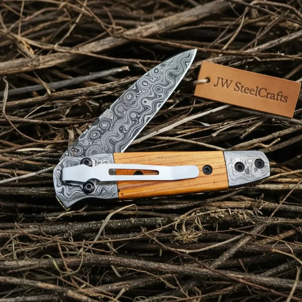Handmade Damascus Steel Folding Knife with Olive Wood Handle – Pocket Knife for Everyday Carry &amp; Gift