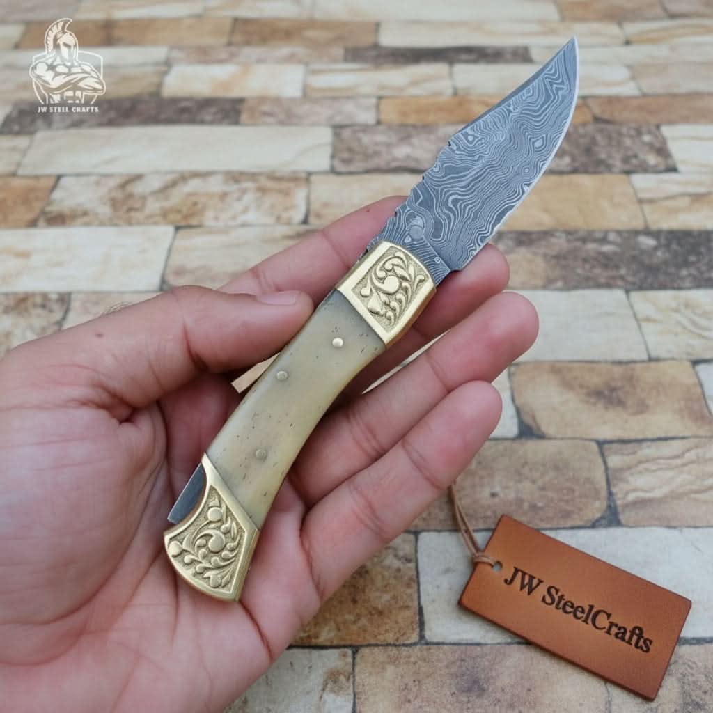 Handmade Damascus Steel Folding Pocket Knife with Bone Handle &amp; Engraved Brass Bolsters