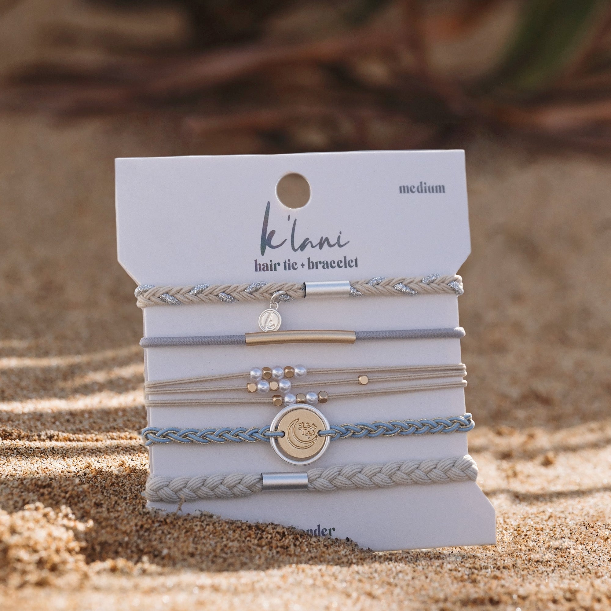 "Wonder" Soft Creams &amp; Blues with Pearls &amp; Gold Hair Tie Bracelets