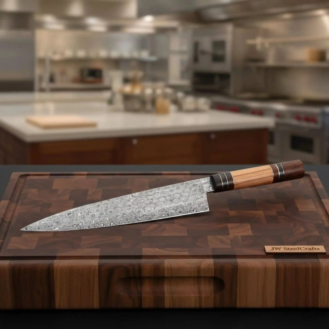 13" Raindrop Damascus Kiritsuke Chef Knife — 8" Blade with Olive Wood &amp; Rosewood Handle
