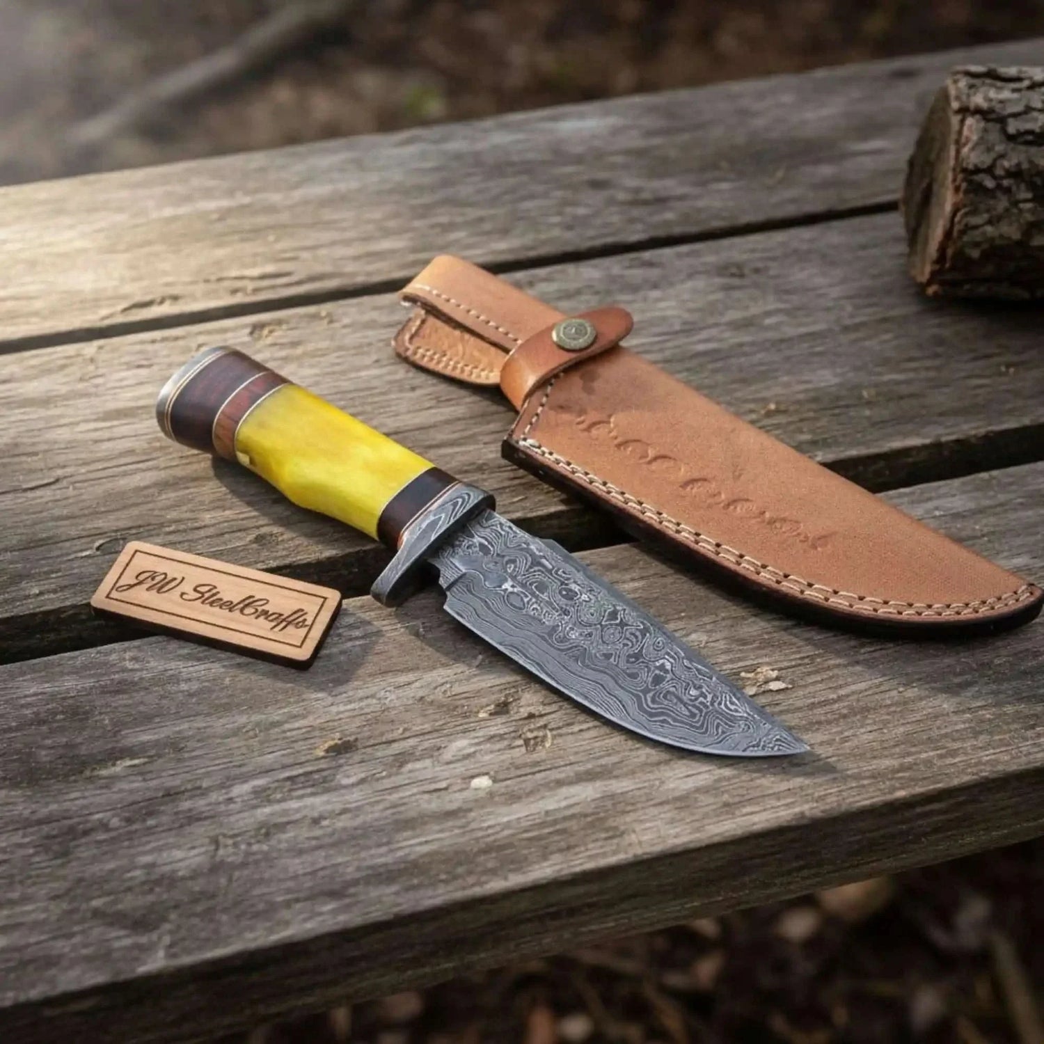 Frontier Clip Point Bowie Knife, Forged Damascus Steel with Colored Bone &amp; Wood Spacer Handle